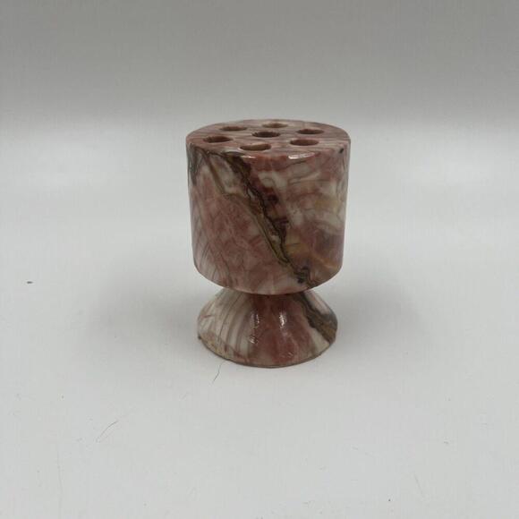 Vintage Pink Agate Marble Desktop Pencil Holder Paper Weight Floral Frog - Picture 1 of 7